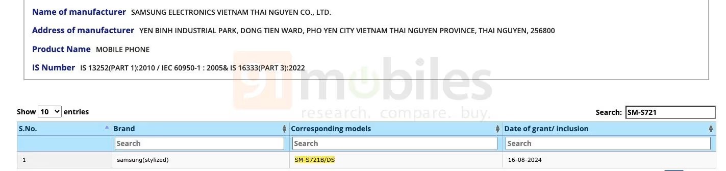 Samsung Galaxy S24 FE BIS certification