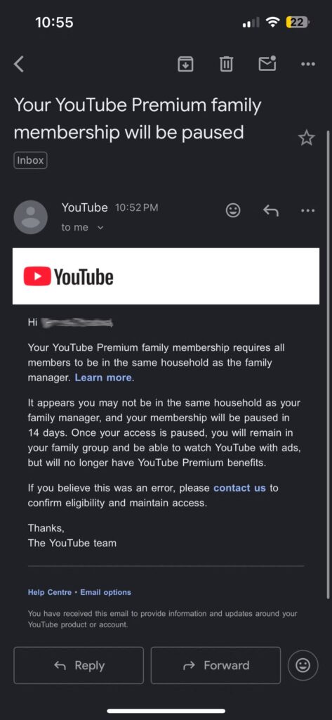 YouTube Premium Family Paused