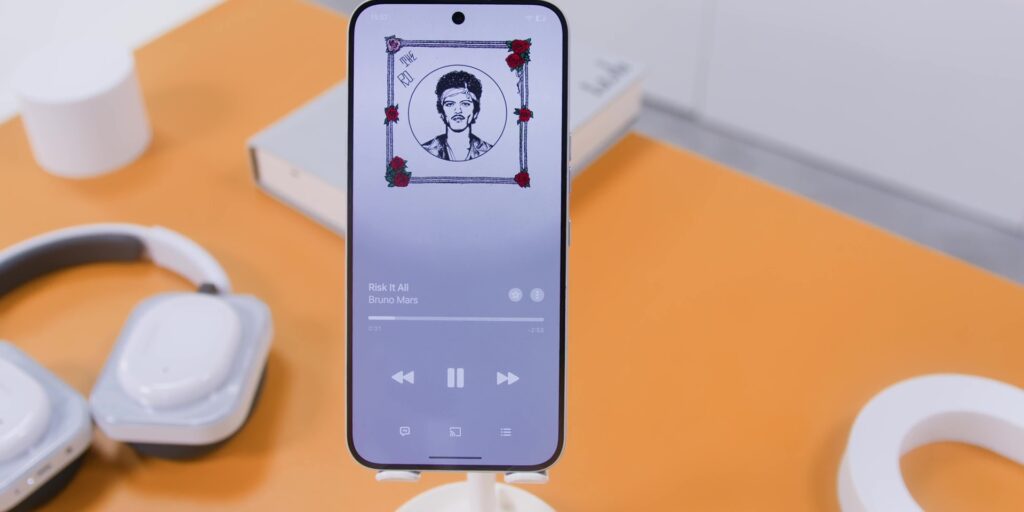A stylized graphic or app screen playing a Bruno Mars track to demonstrate pop/funk audio performance.