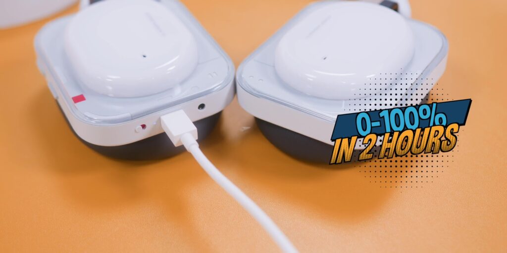 A graphic emphasizing the fast-charging capability, showing a full battery icon and a 2-hour timestamp.