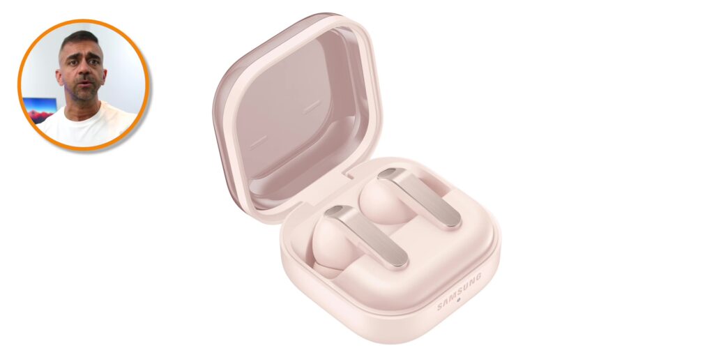 The Samsung Galaxy Buds4 Pro shown in a soft pastel pink colorway.