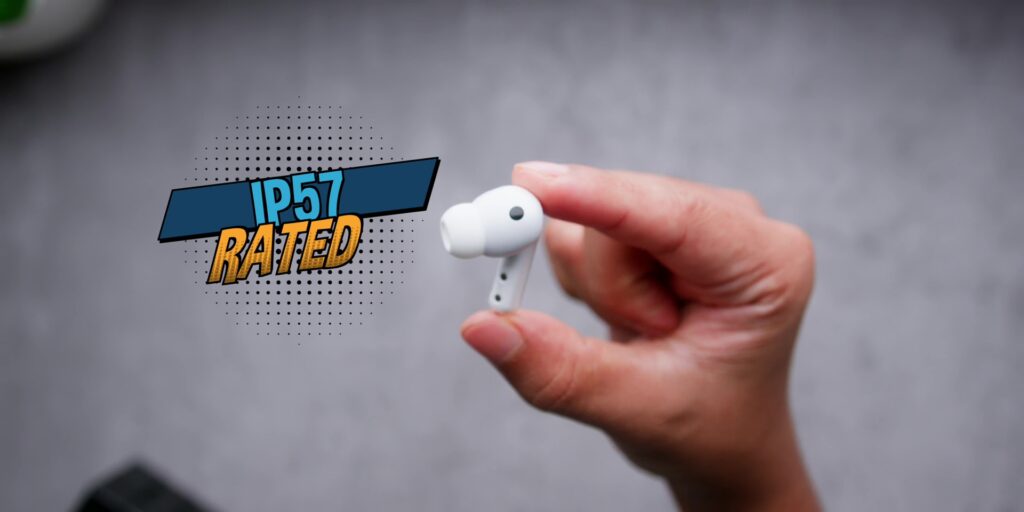 Graphic illustrating the IP57 water and dust resistance rating with water droplets on the earbuds.