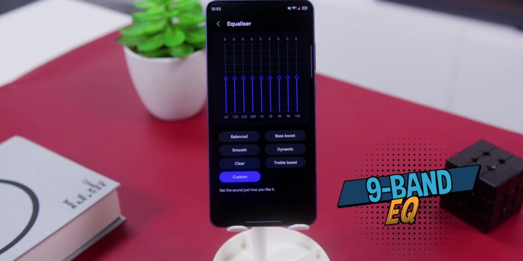 Screenshot of the mobile app interface showing a custom 9 band equalizer for sound tuning.