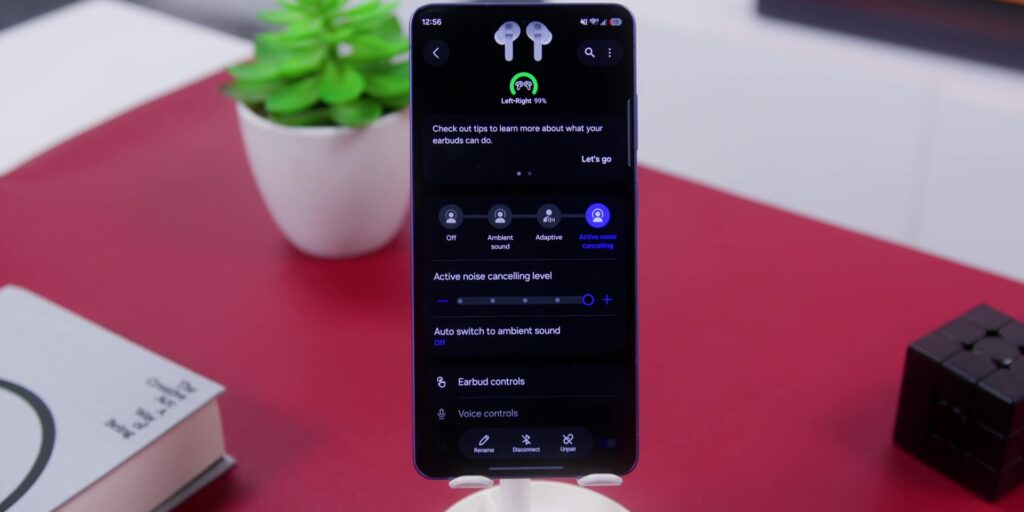 App interface showing the toggle for Active Noise Cancellation levels.