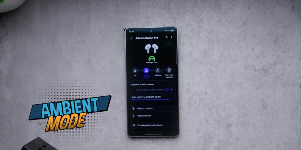 Graphic demonstrating Ambient Mode allowing external sounds to pass through the earbuds.