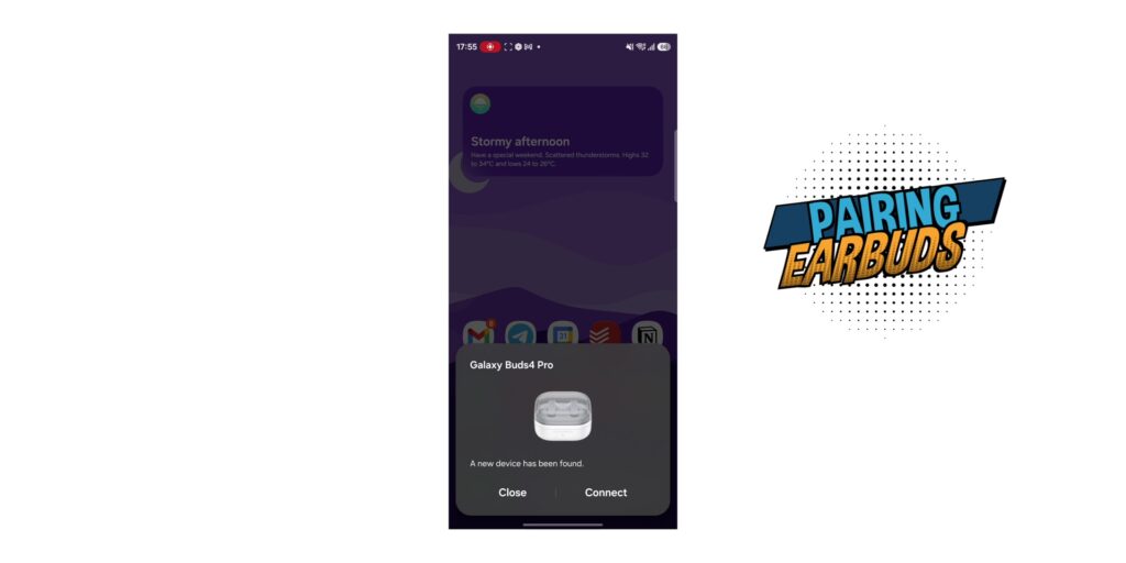 Phone screen showing the "Easy Pair" pop up window connecting to the Galaxy Buds4 Pro.