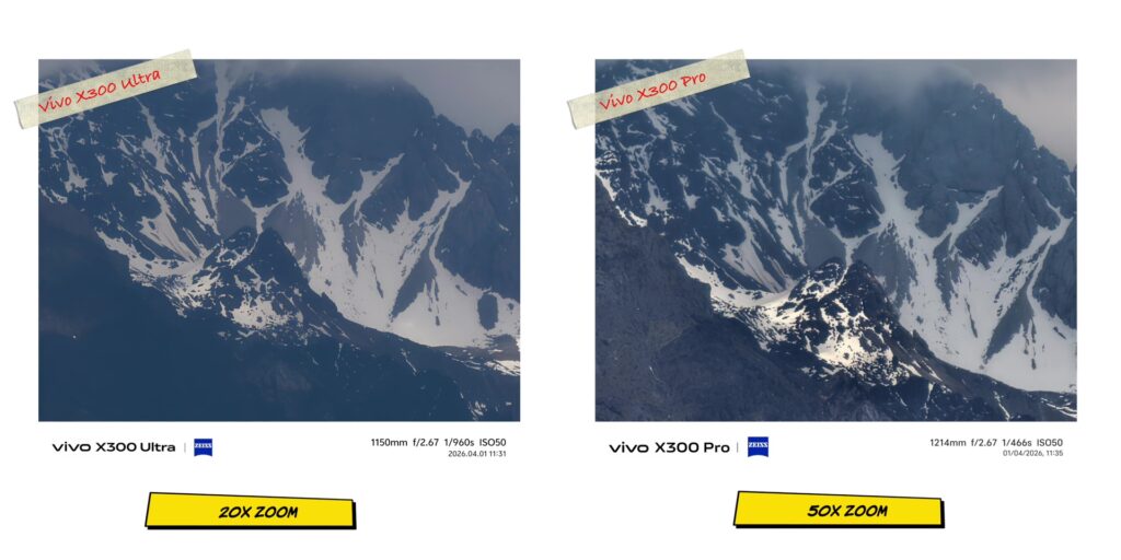 Comparison image showing the zoom performance difference between vivo X300 Pro and vivo X300 Ultra 3