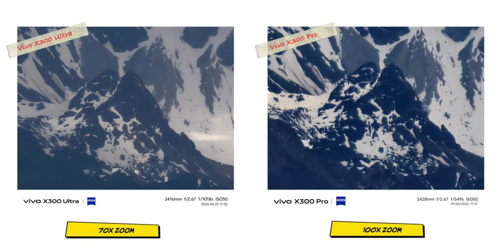 Comparison image showing the zoom performance difference between vivo X300 Pro and vivo X300 Ultra 4
