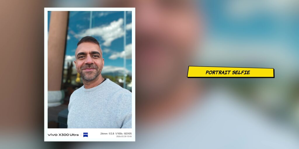 Front-facing camera portrait selfie sample showcasing background blur on the vivo X300 Ultra.