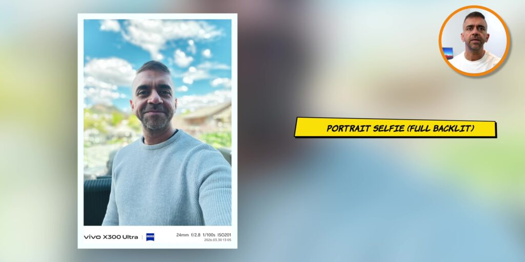 Front-facing camera portrait selfie sample showcasing background blur on the vivo X300 Ultra full backlit