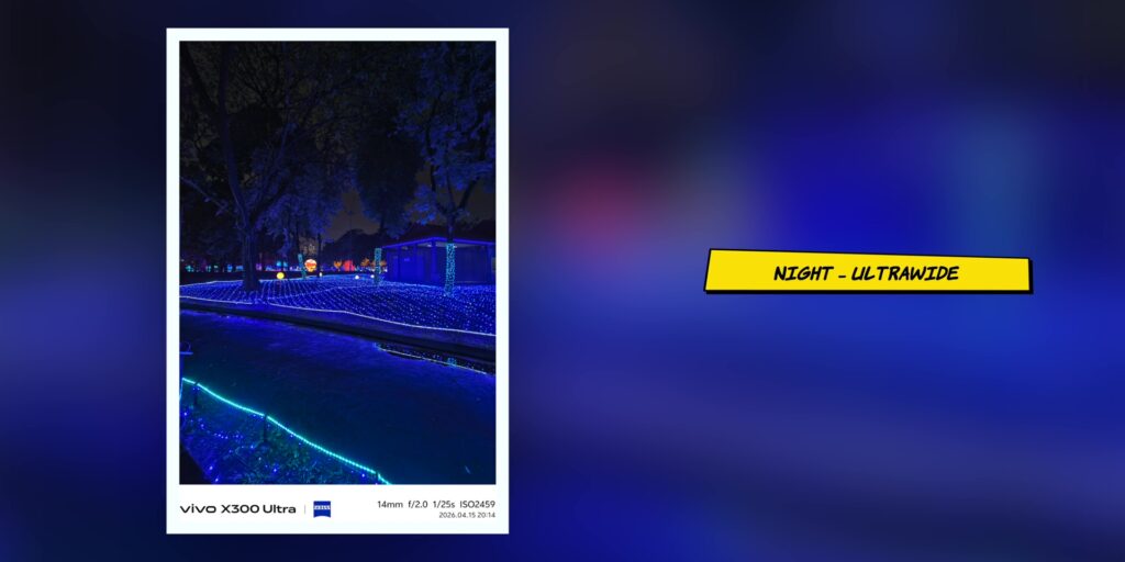 Low-light ultrawide sample photo demonstrating night mode performance on the vivo X300 Ultra 3