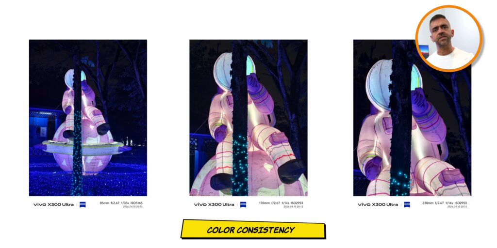 Comparison of different lenses on the vivo X300 Ultra to demonstrate consistent color science.