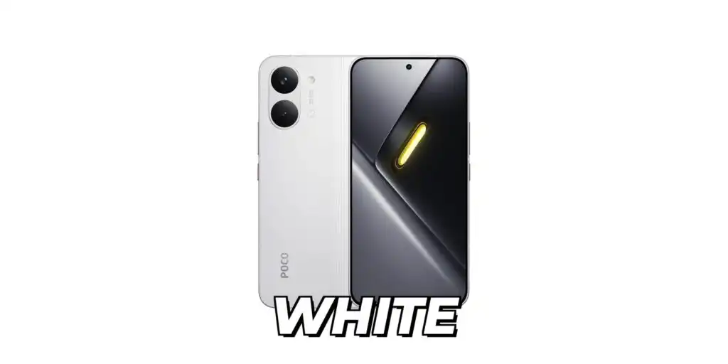 Rear view of the Poco X8 Pro Max smartphone in the white color variant.