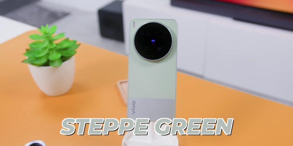 Rear view of the vivo X300 Ultra smartphone in the Steppe Green color variant.
