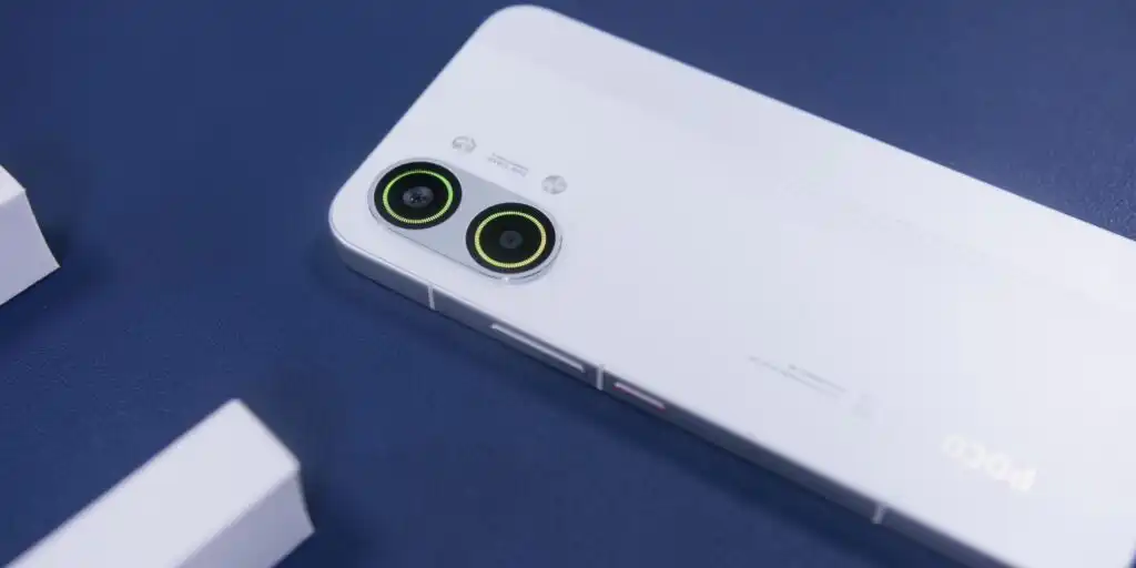 Close up shot focusing on the customizable RGB light ring around the camera module of the Poco X8 Pro Max.