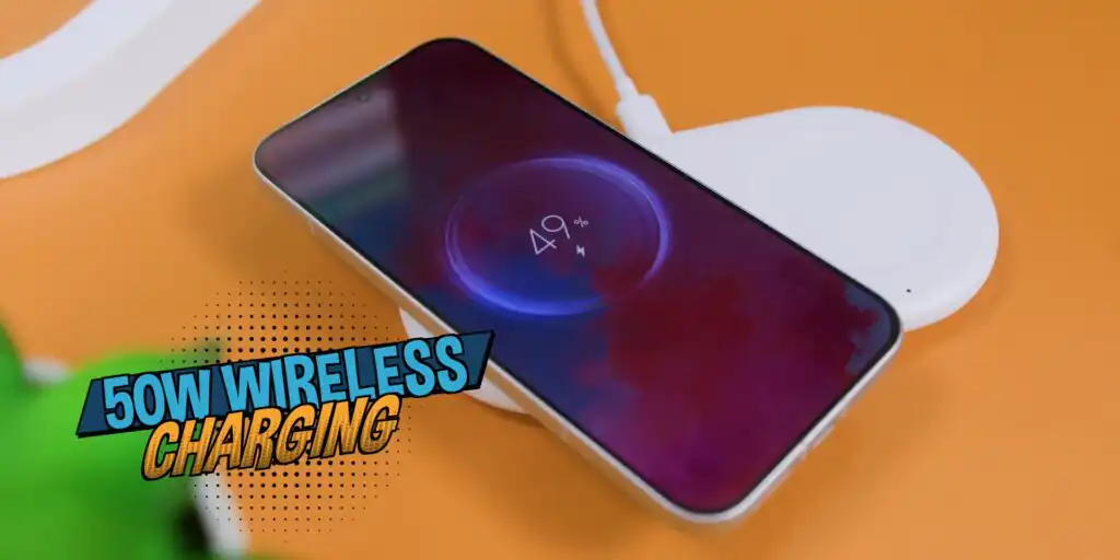 POCO F8 Ultra resting on a wireless charger, showcasing its 50W wireless charging capability.