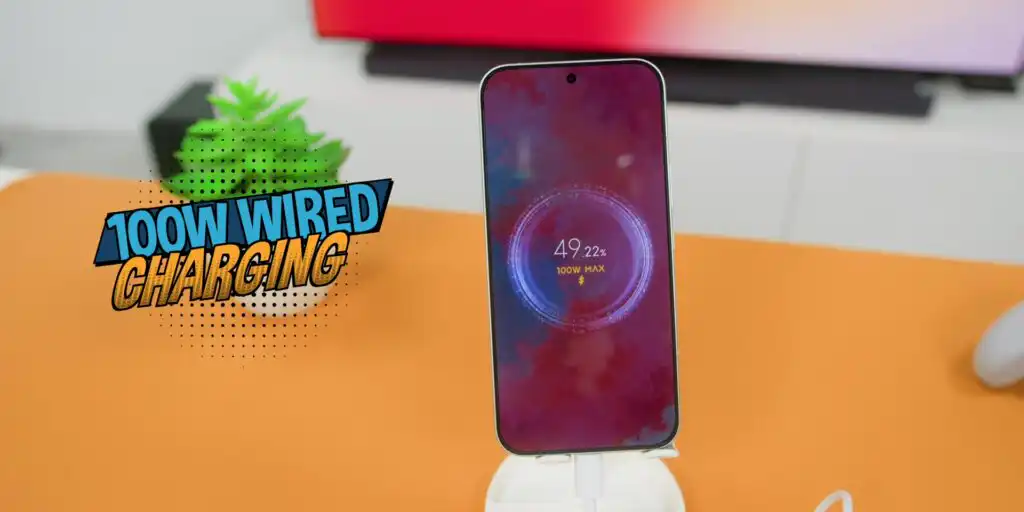 POCO F8 Ultra connected to its cable, demonstrating 100W fast wired charging.