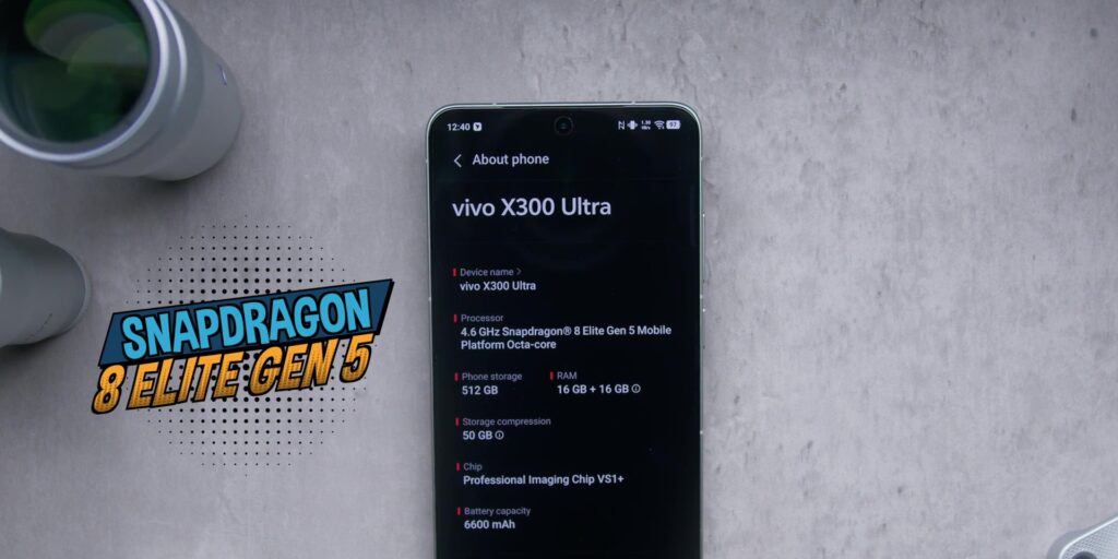 Promotional graphic or system spec screen showing the Snapdragon 8 Elite Gen 5 processor inside the vivo X300 Ultra.