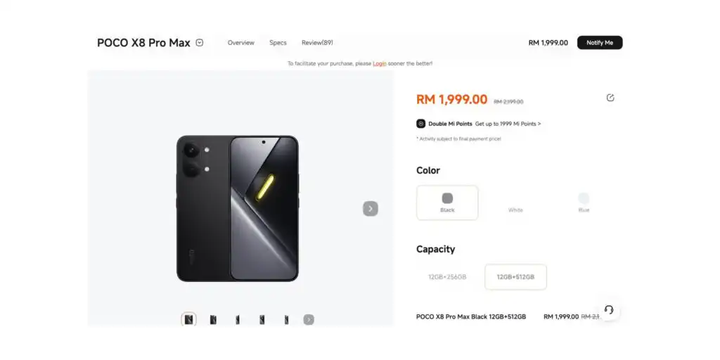 Website showing the different storage configuration options and corresponding prices for the Poco X8 Pro Max.