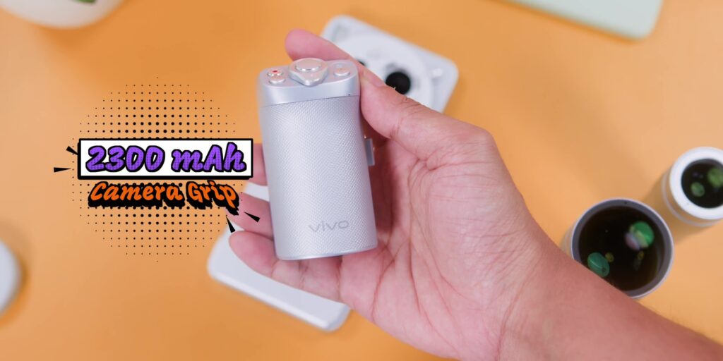 The vivo X300 Ultra transformed into a traditional camera form factor using the extender camera grip accessory.