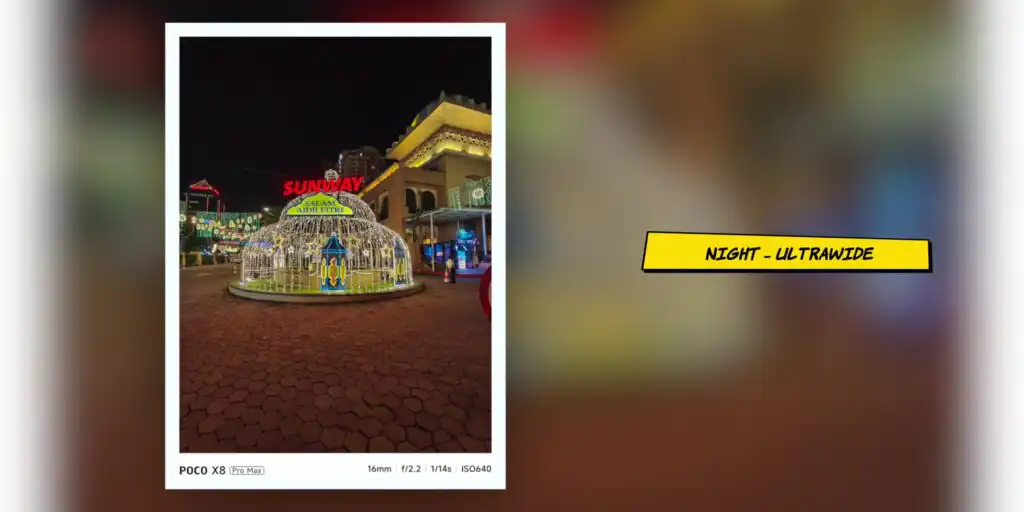 Nighttime camera sample photo captured with the Poco X8 Pro Max rear camera.