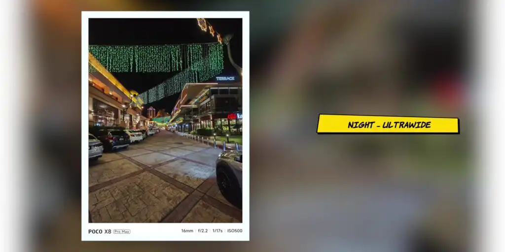 Nighttime camera sample photo captured with the Poco X8 Pro Max rear camera.