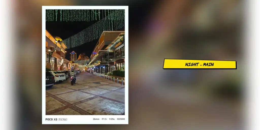 Nighttime camera sample photo captured with the Poco X8 Pro Max rear camera.