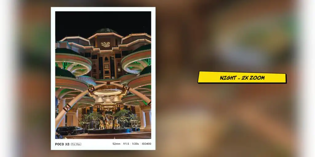 Nighttime camera sample photo captured with the Poco X8 Pro Max rear camera.