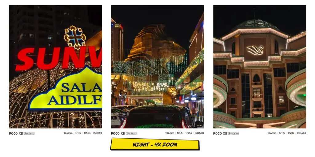 Nighttime camera sample photo captured with the Poco X8 Pro Max rear camera.