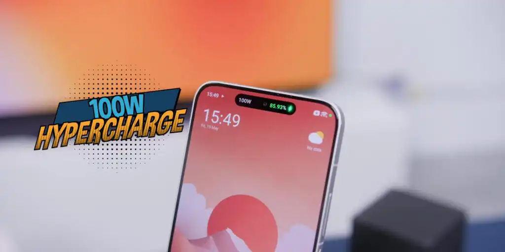 The Poco X8 Pro Max plugged into its charger, showcasing the 100W HyperCharge fast charging screen animation.