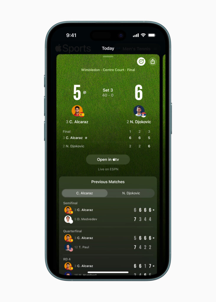 Apple Sports app tennis hero