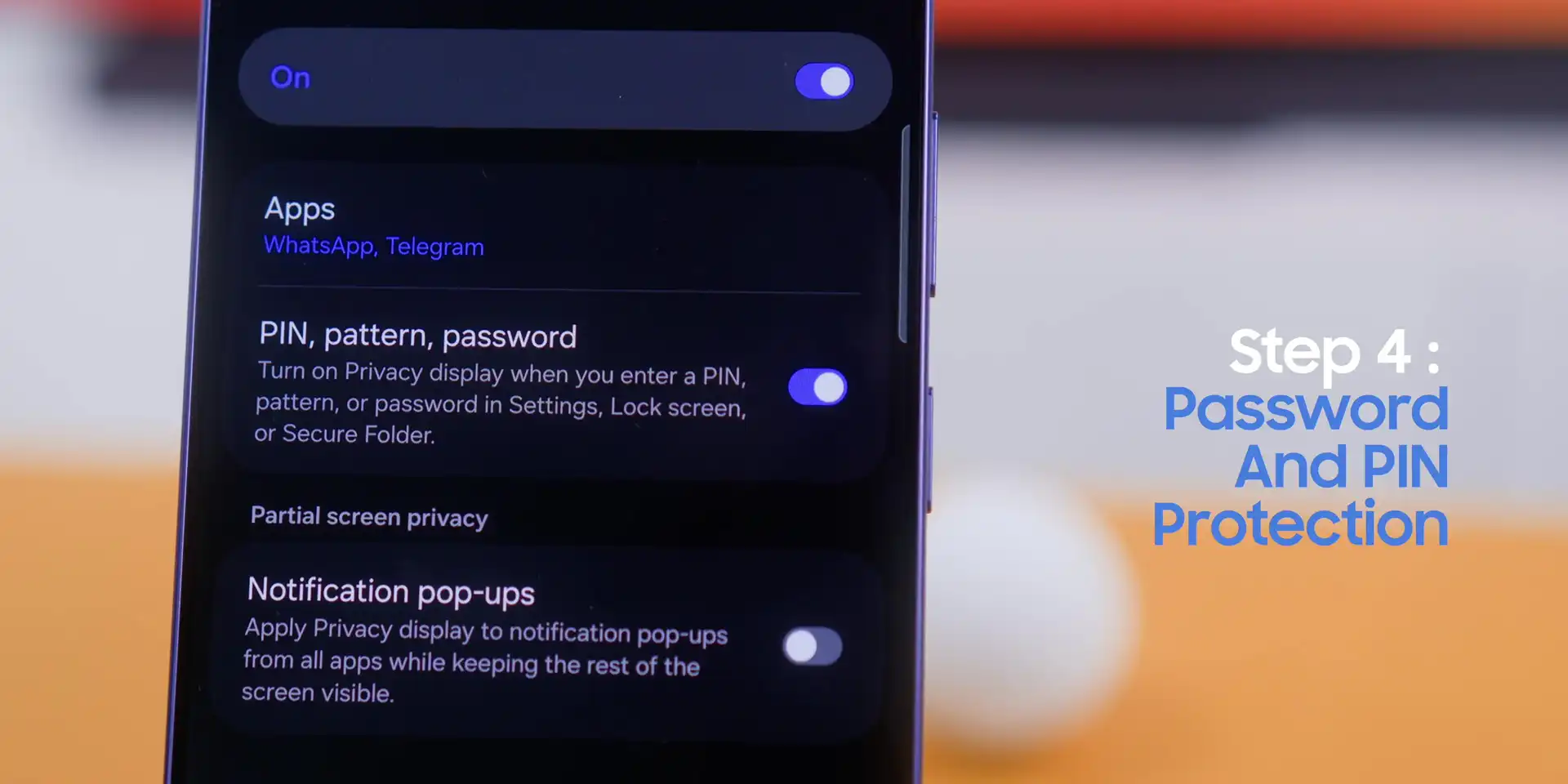 Privacy Display Samsung Galaxy S26 Ultra password and pin toggle