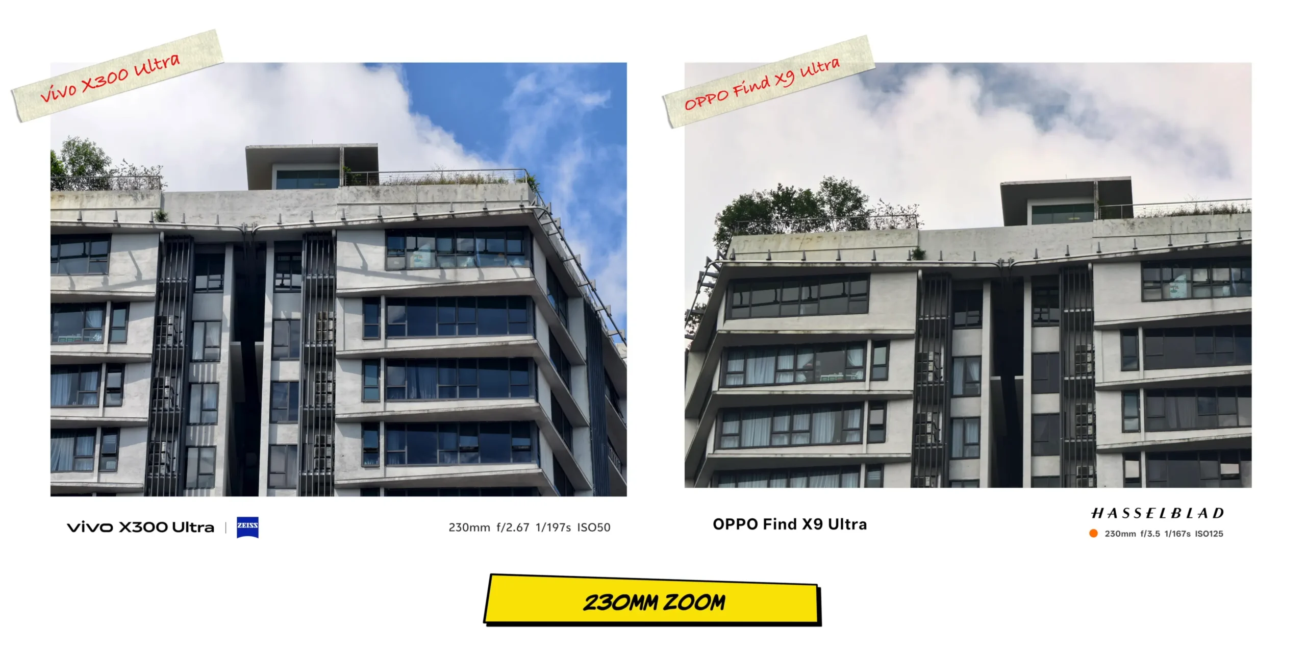 vivo X300 Ultra vs OPPO Find X9 Ultra: Camera Comparison 16 Long-range zoom comparison at 230mm evaluating optical periscope lens performance.