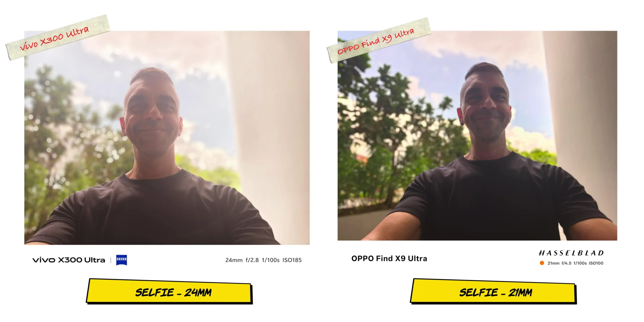 vivo X300 Ultra vs OPPO Find X9 Ultra: Camera Comparison 36 Backlit selfie comparison sample 1 testing HDR processing against a bright background sky.