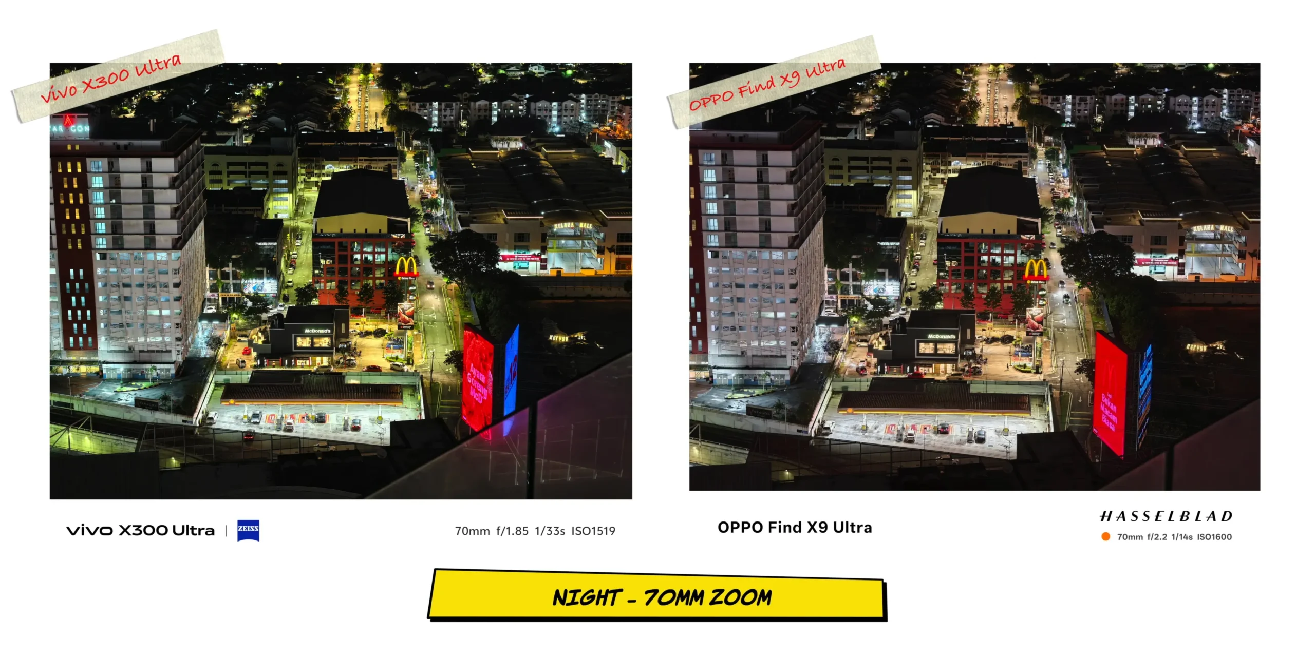 vivo X300 Ultra vs OPPO Find X9 Ultra: Camera Comparison 46 Evening low-light zoom sample at 70mm testing the optical periscope lens with night city illumination.