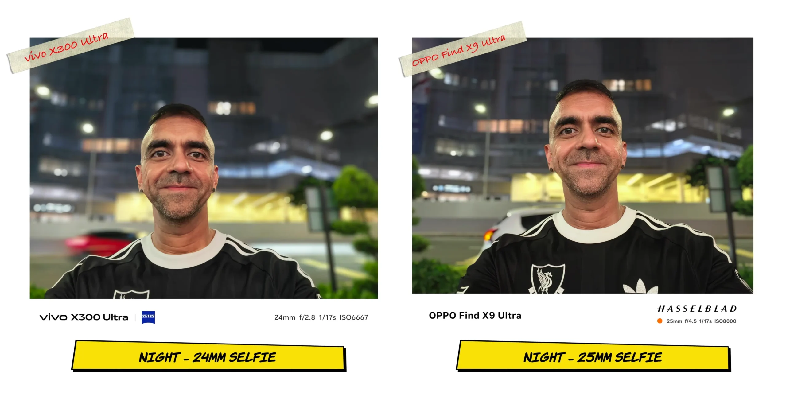 vivo X300 Ultra vs OPPO Find X9 Ultra: Camera Comparison 55 Low-light front camera selfie sample 3 highlighting background city light bokeh spheres.