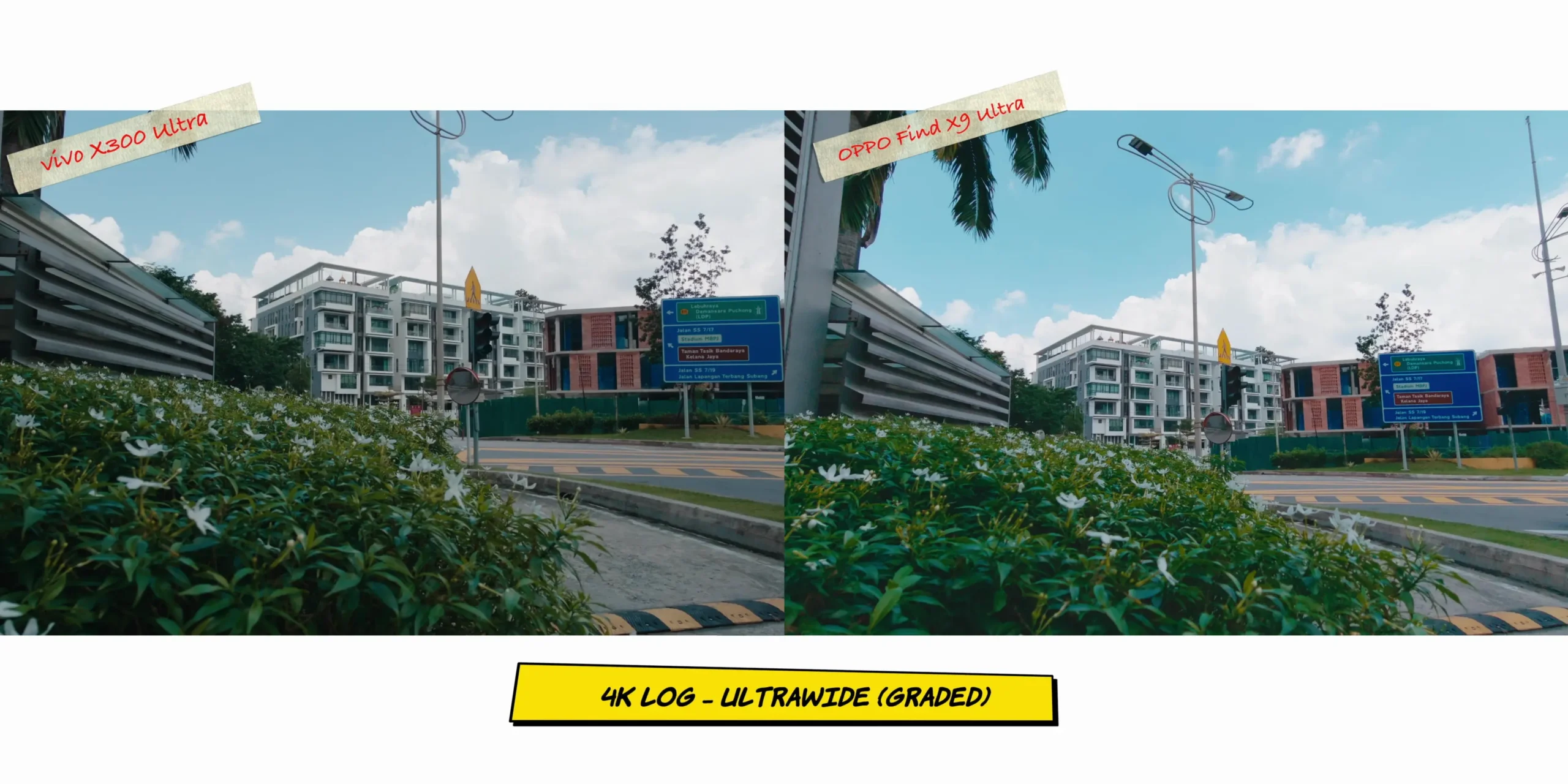 vivo X300 Ultra vs OPPO Find X9 Ultra: Camera Comparison 61 Video screenshot displaying a side-by-side comparison of 4K Log profiles showing raw flat color profiles for grading.
