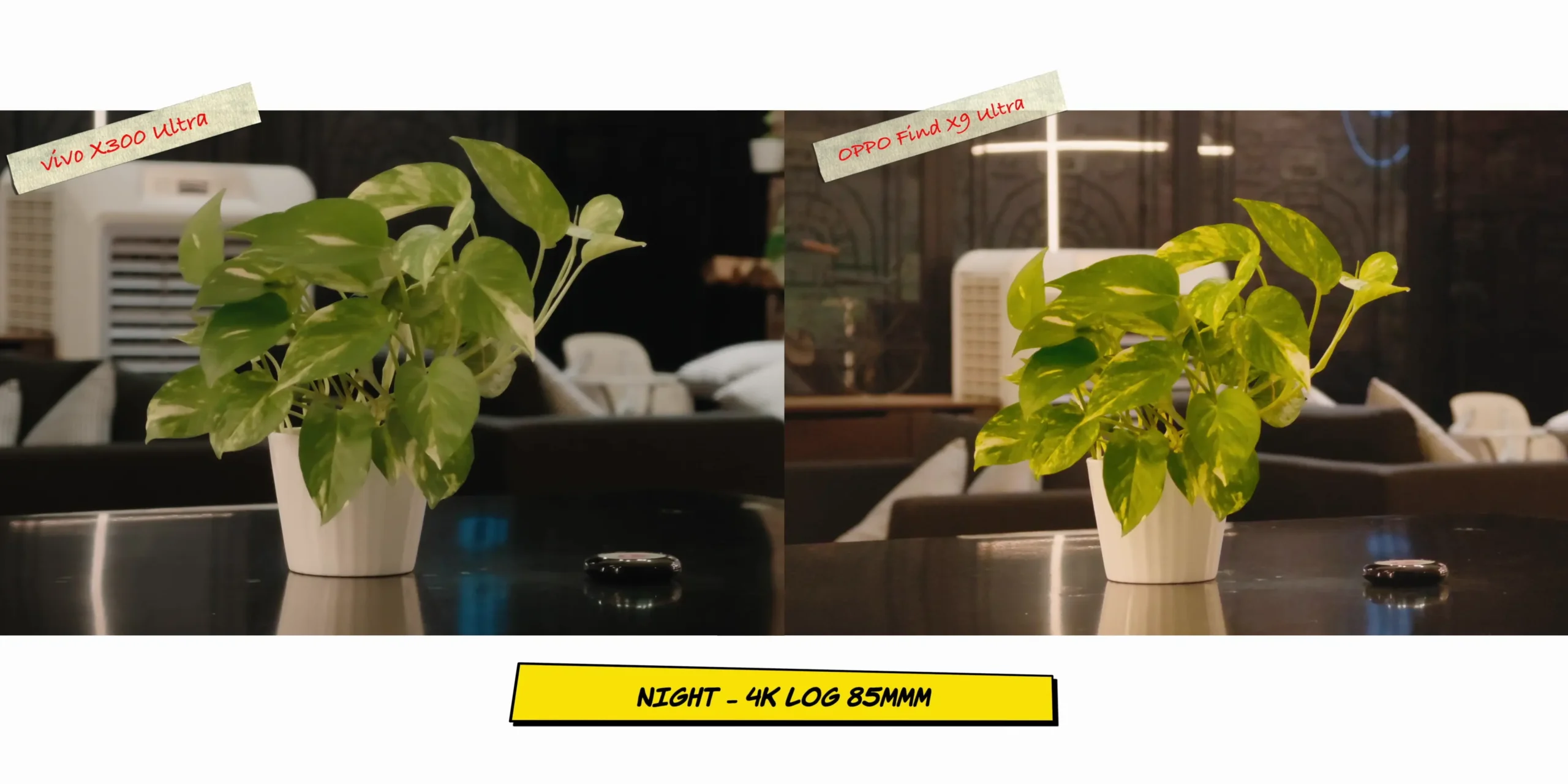 vivo X300 Ultra vs OPPO Find X9 Ultra: Camera Comparison 70 Night video comparison screenshot shot in flat Log profiles, evaluating low-light shadow data retention.
